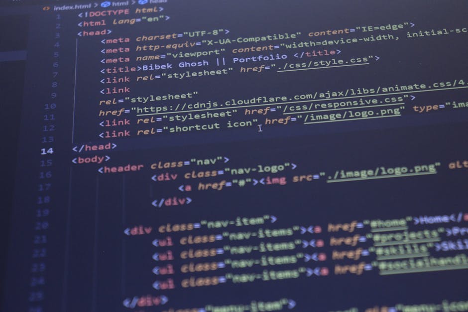 Close-up view of a computer screen displaying lines of HTML and CSS code in a dark-themed editor window. The text is highlighted in various colors, including blue, yellow, and white, indicating differ